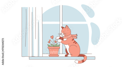 Charming Feline Admires Blossoms Beside a Window, Delighting with Playful Affection