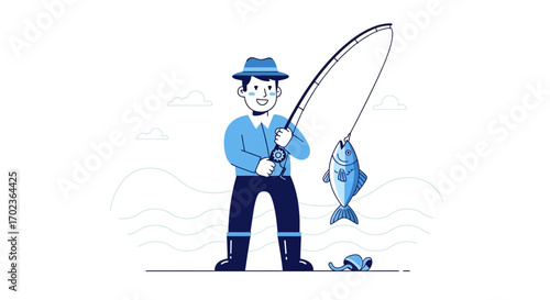 Cheerful Angler Reel In Fish While Fishing With A Smile In This Vector Illustration