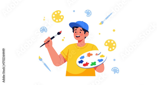 Cheerful Artistic Young Person Painting with Palette Brush with Creativity