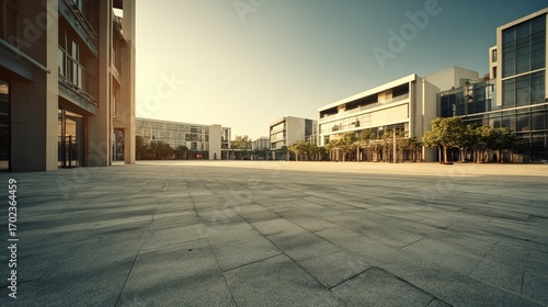 A wide, empty urban plaza with modern buildings around, clean pavement, clear sky, minimalistic style, natural lighting, no people, realistic shadows, perfect for background use, high quality