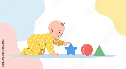 Cheerful Baby Exploring Shapes, Colorful Illustration Of Childcare And Early Childhood Education