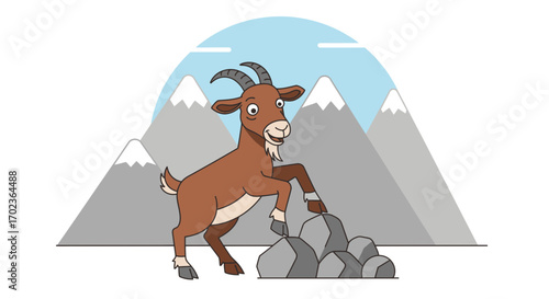 Cheerful Animated Goat Climbing Rocky Terrain, Smiling Upbeat, Against Mountainous Background