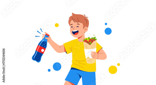 Cheerful Boy Holding Drinks And Delicious Food, Delightful Restaurant Food Imagery