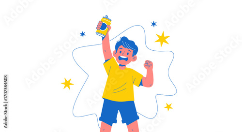 Cheerful Boy Presenting Product With Joyful Expression, Celebrating Happiness And Success