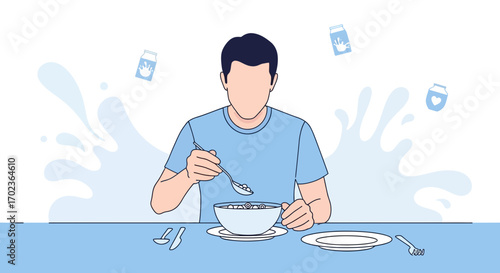Conceptual Illustration Of A Man Eating Cereal With Milk Splash, Monochrome Aesthetics
