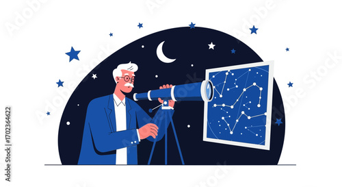 Conceptual Illustration of Observing the Cosmos And Its Mysteries, Nighttime Sky Artwork