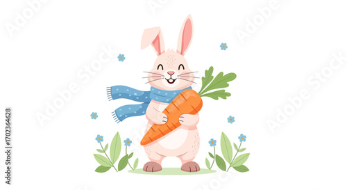 Cheerful Bunny with Carrot Embraces Springtime Blooms and Joyful Warmth
