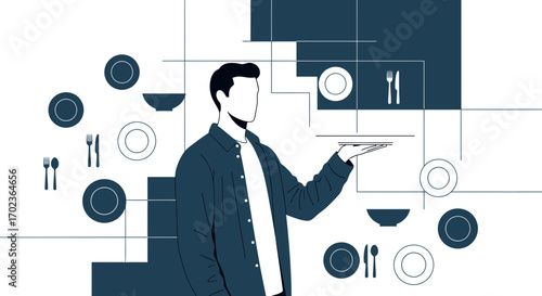 Conceptual Illustration of Service Industry Representation with Culinary Utensils and Male Figure