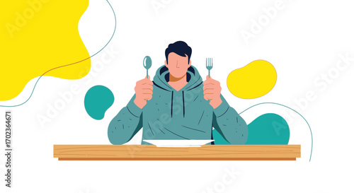 Conceptual Illustration Of Person Ready To Eat With Utensils Over Table