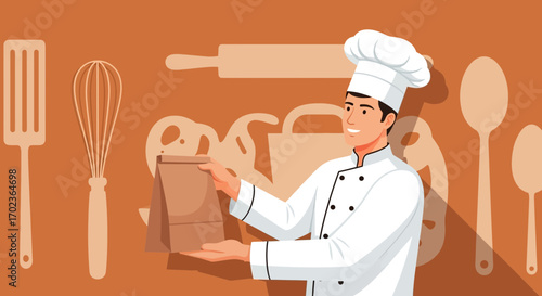 Cheerful Chef Holding a Paper Bag with Bakery Goodies Against Baking Utensils Background
