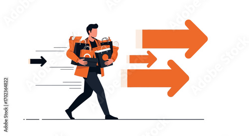 Consumer Rushing With Shopping Bags, Navigating Between Purchase Options, Vector Illustration