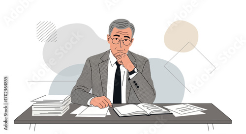 Contemplative Businessman With Glasses Considering Documents And Important Information Carefully