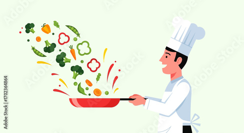 Cheerful Chef Tosses Fresh Vegetables in Pan Preparing Delicious Culinary Delights