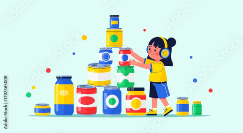 Cheerful Child Building Cans Pyramid While Listening Music In A Pastel Setting