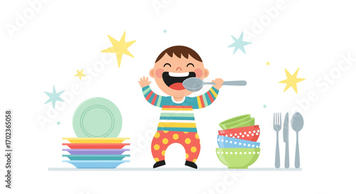Cheerful Child Eating with Silverware and Dinnerware: A Bright Cartoon Depiction