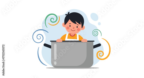Cheerful Child Cooking Something Deliciously Inside A Silver Pot Illustration