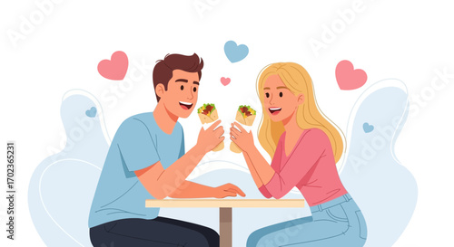 Couple Eating Street Food And Enjoying Romantic Moment, Vector Illustration of Love Concept