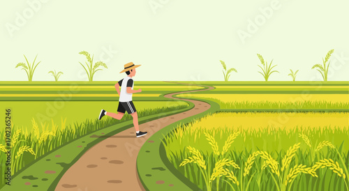Countryside Runner: Vibrant Illustration of a Person Jogging through Rural Agricultural Fields