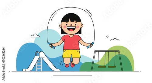 Cheerful Child Jumps Rope in a Playground, Embracing Healthy Activities and Joyful Recreation