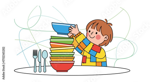 Cheerful Child Stacking Colorful Dinnerware with Utensils on a Clean White Surface
