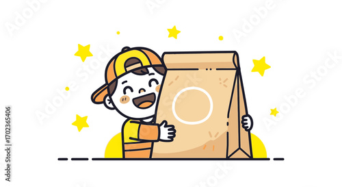 Cheerful Delivery Boy With Food Package, Perfect For Restaurants and Food Services