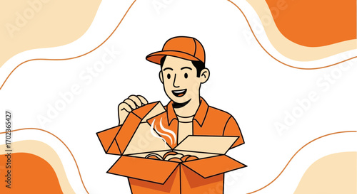 Cheerful Delivery Professional With Hot Food Boxes Opens It To Showcase His Order