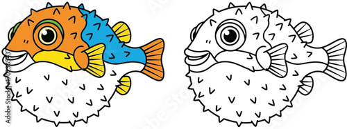 Cute Cartoon Puffer Fish Illustration for Kids Coloring Book and Educational Resources