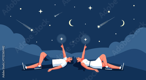 Couple Gazing At Stars Under The Night Sky, Creating Connection And Contemplation