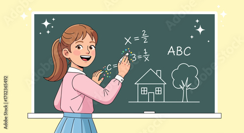 Cheerful Educator Explaining Math Equations on a Blackboard in A Classroom Setting