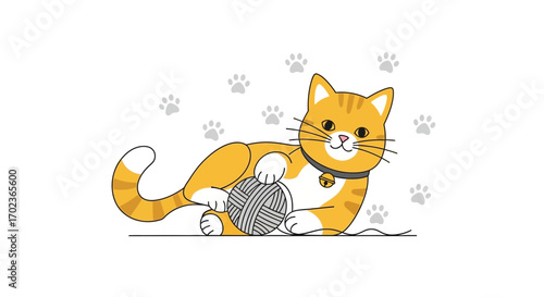Cheerful Feline Companion Playfully Engaged With Yarn, A Charming Cartoon Illustration