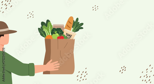 Courier Delivering Fresh Groceries in Paper Bag Illustrating Takeout or Delivery Service