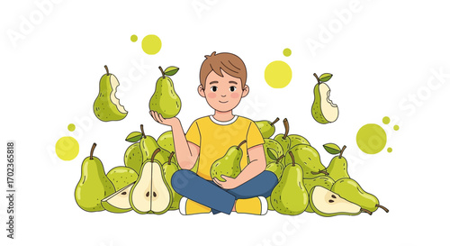Cheerful Kid Sitting Amongst Pears, Symbolizing Freshness And Healthy Eating Habits