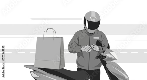Courier On Motorcycle Standing Near Shopping, Ready For Delivery, Delivery Service, Vector