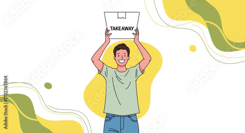 Cheerful Man Holding a Takeaway Parcel, Illustrating Food Delivery and Takeout Services