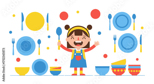 Cheerful Little Girl With Dishes and Cutlery Ready For Dinner Or Lunch Time