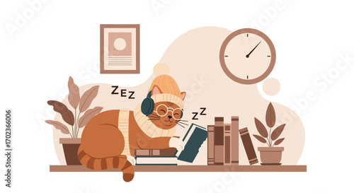 Cozy Cat Reading A Book While Wearing Headphones Relaxing On A Bookshelf