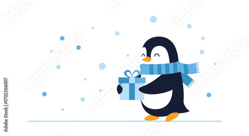 Cheerful Penguin Bearing Gift In Snowy Scene Vector Illustration For Winter Holidays