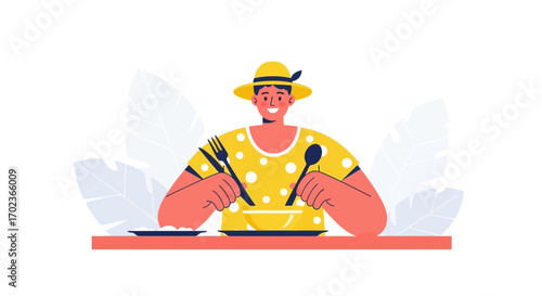 Cheerful Person Begins Meal, Utilizing Silverware, Showing Happy Eating Habits, Modern Lifestyle