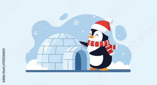 Cheerful Penguin Wearing Red Scarf And Hat Near Igloo In Winter Season