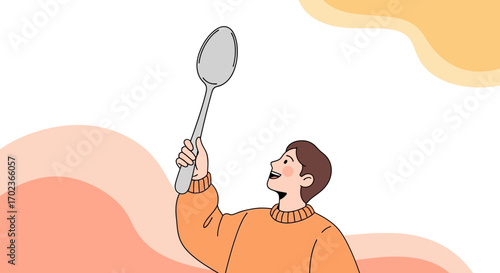 Cheerful Person Holding A Large Spoon, Ready For A Delicious Culinary Experience