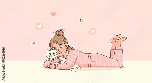Cozy Moment: A Young Woman Cuddles Her Beloved Cat, Embracing Daily Happiness
