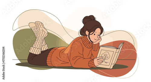Cozy Reader: Illustrated Woman Enjoying a Book in a Warm, Comfortable Setting or Vibe.