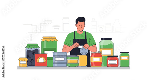 Craftsman Organizing Preserved Food Items In Jars And Cans For Storage And Inventory