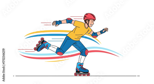 Cheerful Rollerblader Skating At High Speed with Safety Gear and Protective Equipment