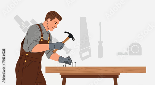 Craftsman With Hammer Working On Wood, Illustrated Carpentry and Construction Art