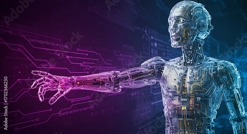 Futuristic humanoid robot with glowing circuitry against a digital background