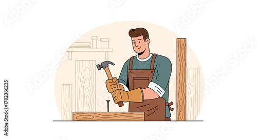 Craftsman Working On Wood, Construction And Building a Wooden Structure Illustration
