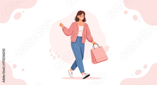 Cheerful Shopper Exuding Joy as She Strolls With Purchased Shopping Bag, Vector Illustration