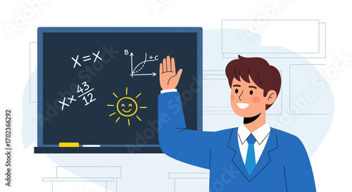 Cheerful Student Raising Hand in Front Of Blackboard Showing Complex Mathematics Equations