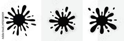 Set of three black ink splatter vector illustrations for creative design projects isolated on white background